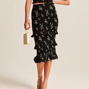 Abercrombie & Fitch Black Floral Ruffle Midi Skirt